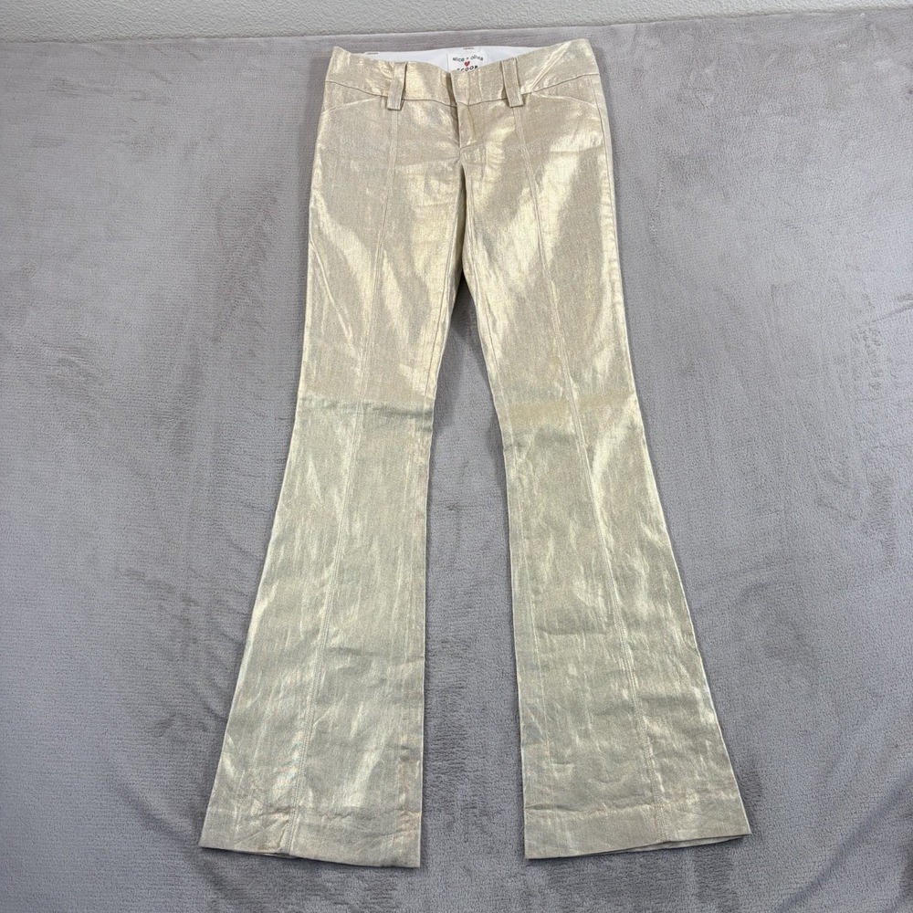 Alice & Olivia Scoop Low Rise Linen Blend Flared Pants in Metallic‎ Gold Women 0